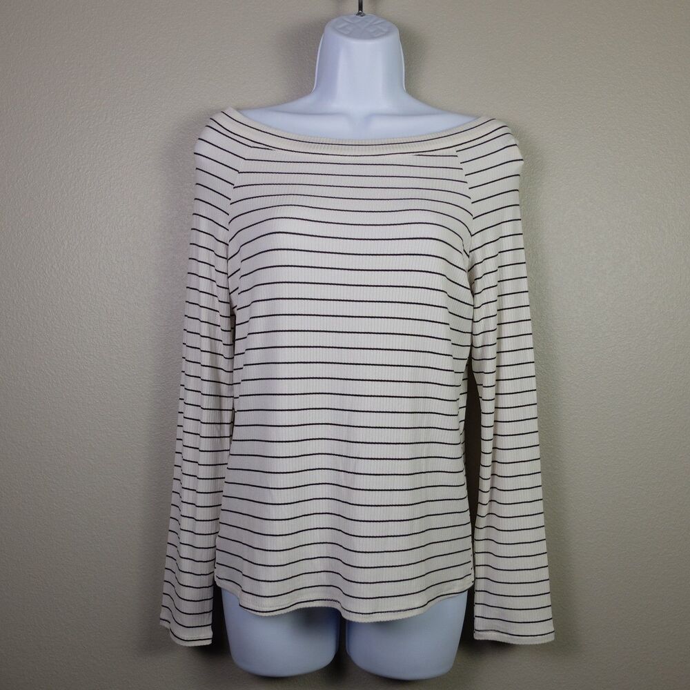 LOFT Cream & Black Striped Long Sleeve Boat Neck Top Size Large NWT